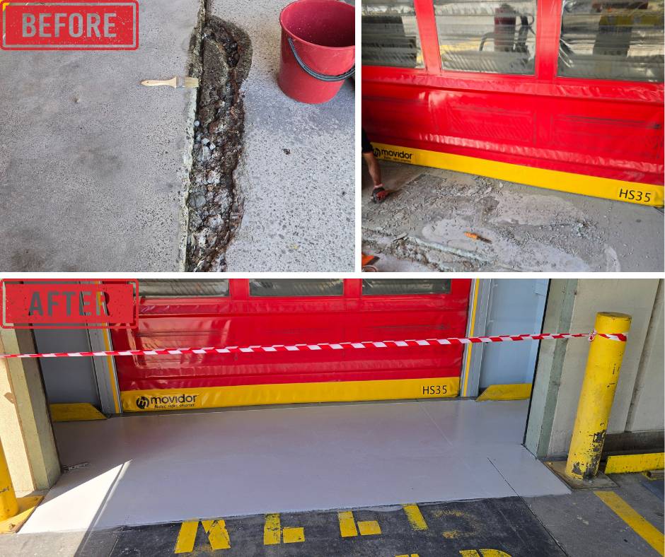 A before-and-after comparison of a damaged concrete loading dock repaired with a smooth, clean finish beneath a red roller door.