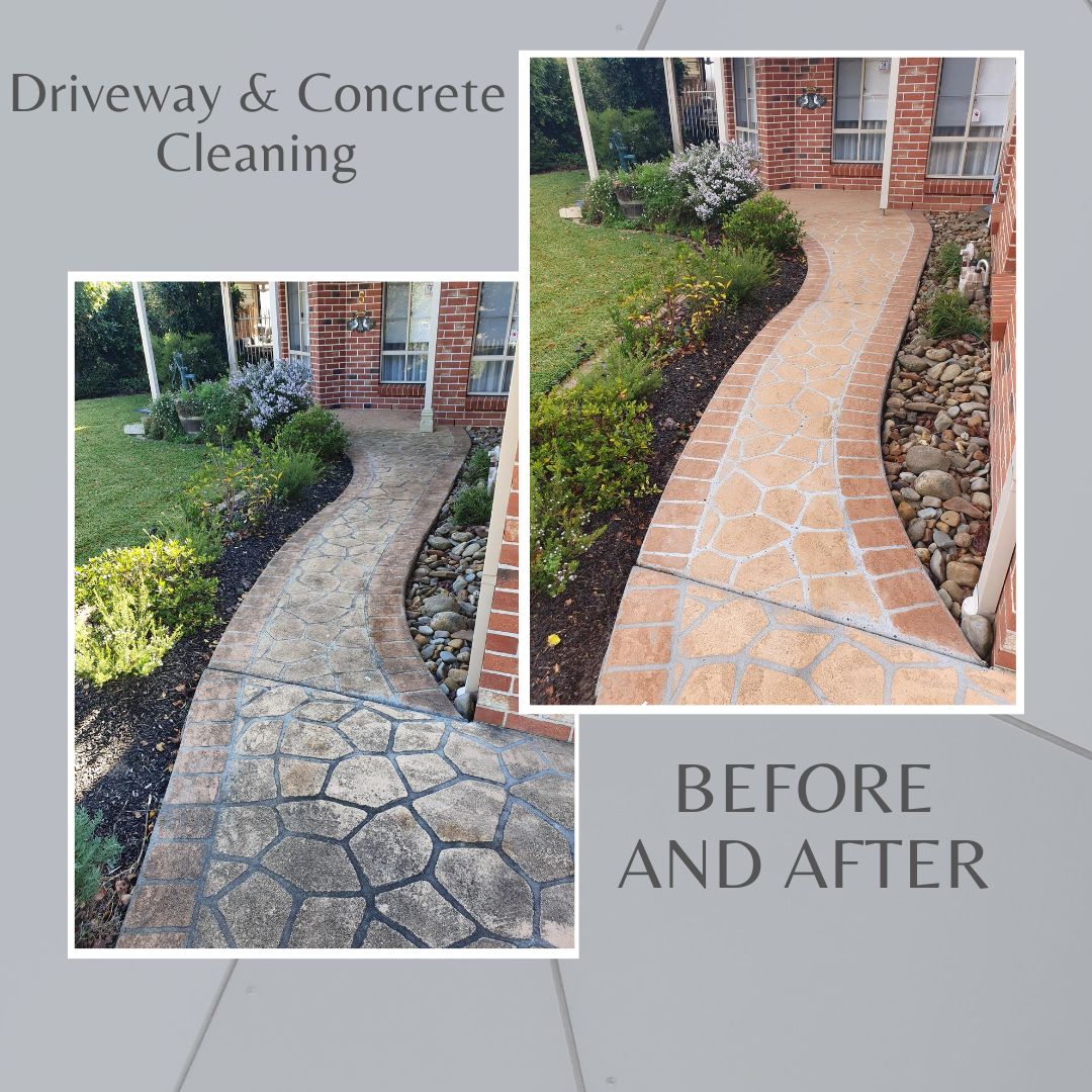 Before and after comparison of a residential concrete pathway in Melbourne cleaned with high-pressure washing, restoring its original colour and appearance.