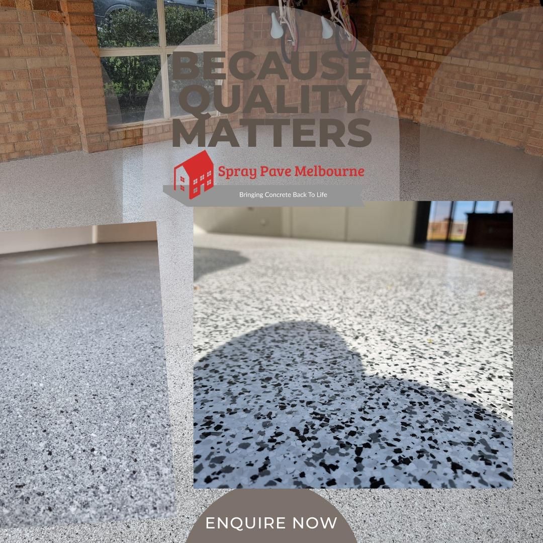 Close-up and wide view of light grey epoxy flake interior flooring with a smooth, seamless finish.