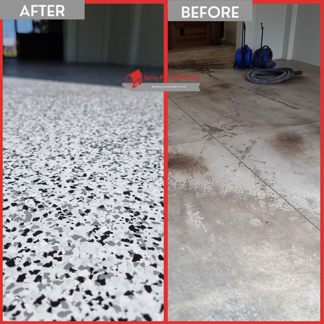 Side-by-side before and after comparison showing a stained concrete floor transformed into a sleek light grey epoxy flake finish.