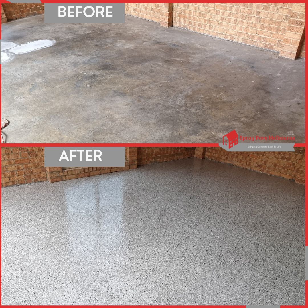 Before and after comparison of a worn concrete floor restored with light grey epoxy flake interior flooring.