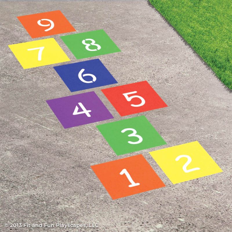 Brightly coloured numbered hopscotch game painted on concrete, encouraging active play and number recognition for children.