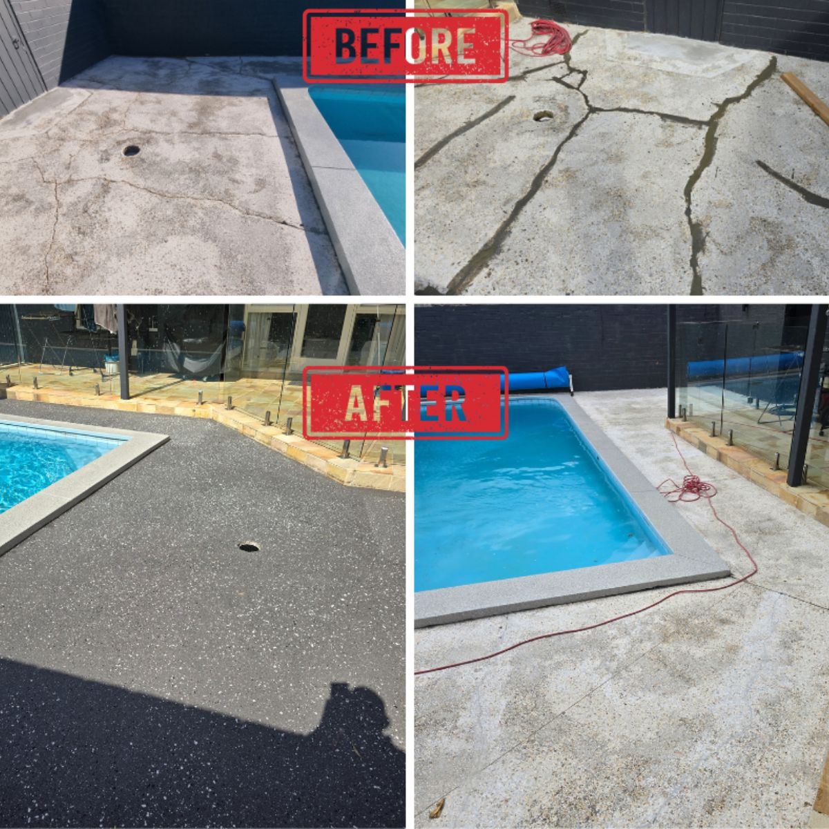 Before and after repair of cracked concrete pool surrounds with joint sealing in Melbourne.