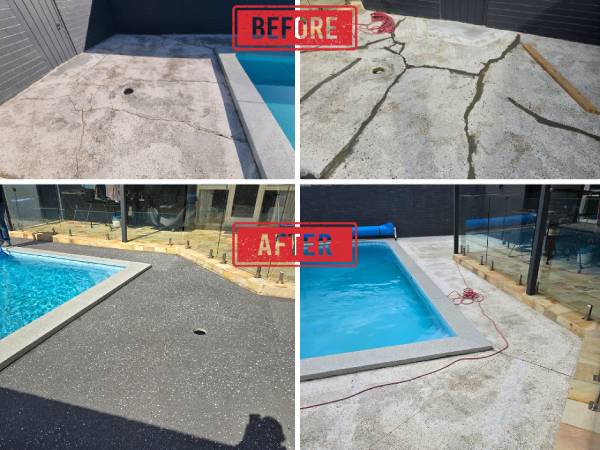 Non-slip resurfaced concrete pool surrounds