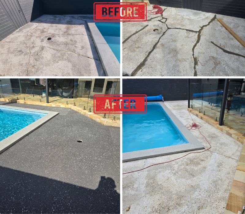 Before and after repair of cracked concrete pool surrounds with joint sealing in Melbourne.