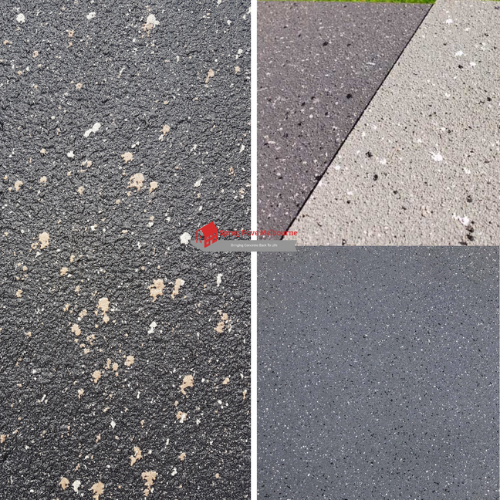 Four variations of dark-toned concrete resurfacing with different fleck patterns in black, grey, and white for a textured, slip-resistant finish.
