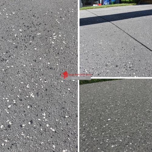 A collage showing four concrete surface samples with light grey base colours and white fleck textures, ideal for driveways and paths.