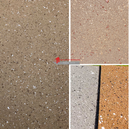 Multiple fleck finish options for resurfaced concrete in warm tones including tan, beige, and terracotta with light and dark flecks.