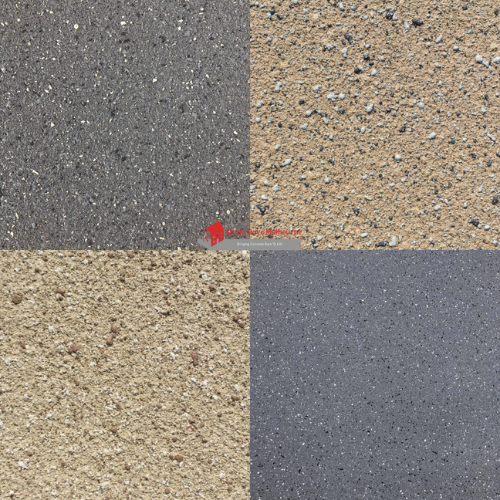 Four decorative concrete finishes featuring a blend of charcoal, grey, and sandstone tones with various textures and fleck distributions.