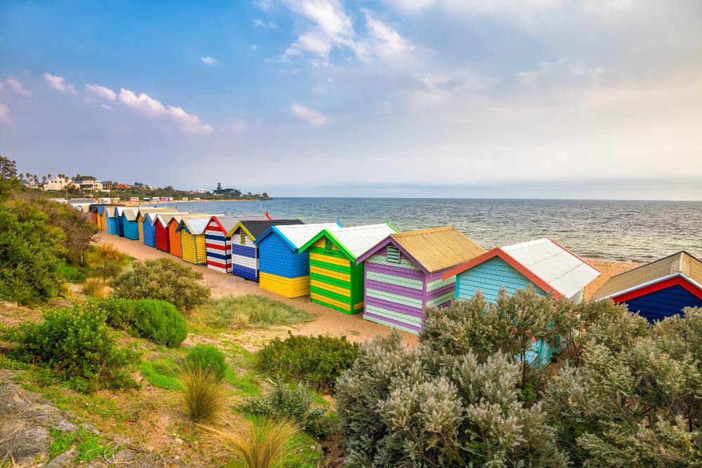 Colorful bathing boxes along Brighton Beach in Melbourne, Victoria, Australia