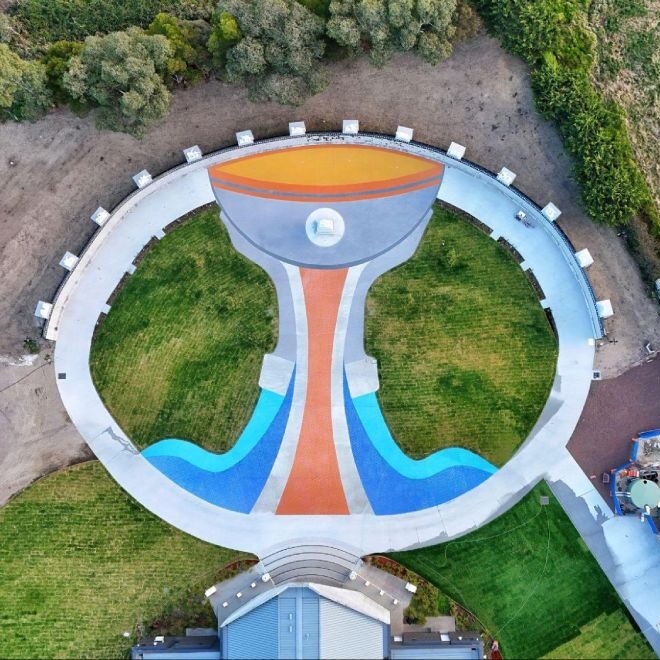 our-lady-of-la-vang-shrine-aerial-concrete-resurfacing Aerial view of the completed six-colour concrete stencil resurfacing at Our Lady of La Vang Shrine, Keysborough.